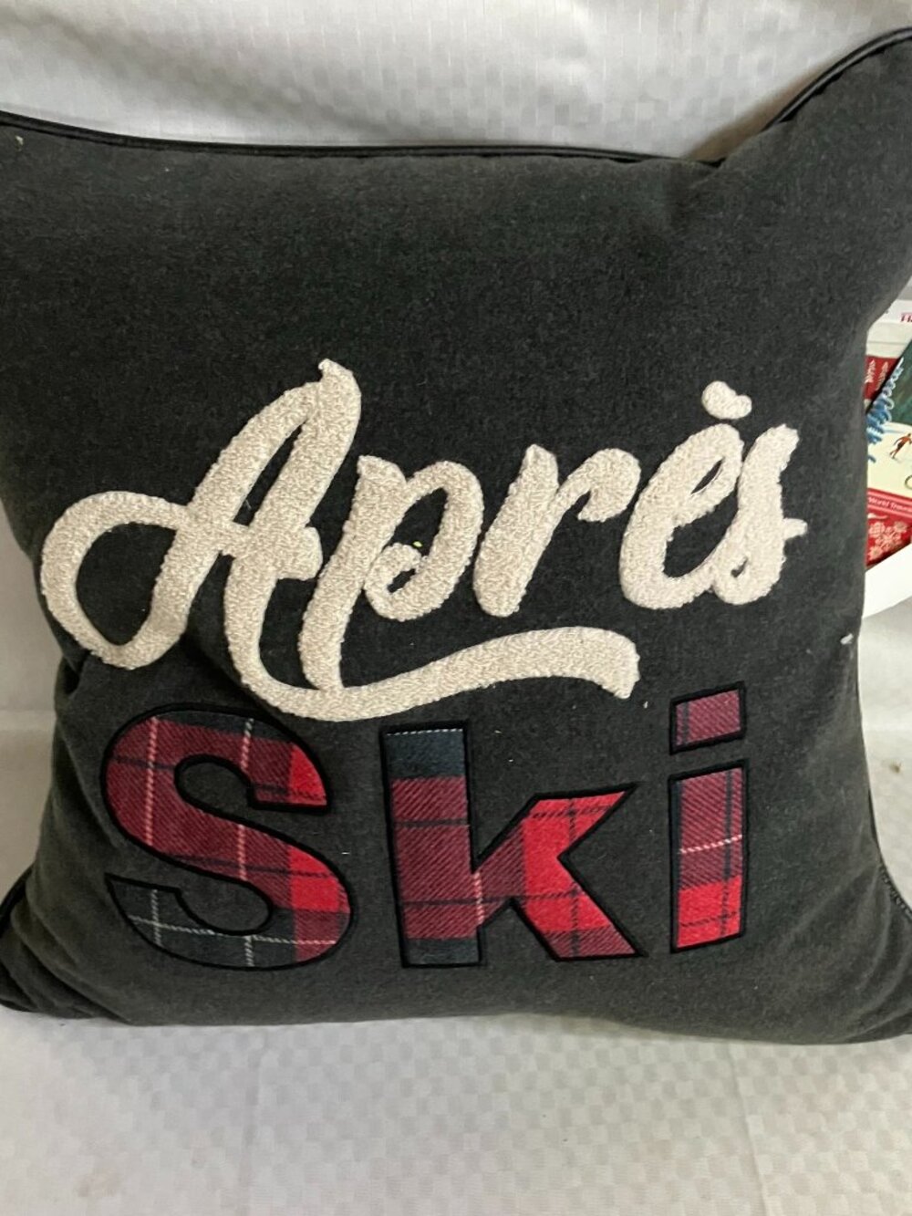 HomeGoods Alpine Chalet Ski Throw Pillow 17"X17" Black Red Plaid Embroidered